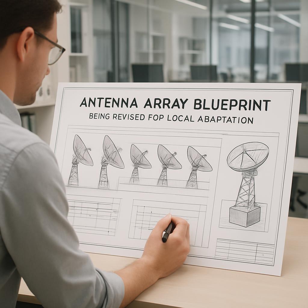 Man working on antenna array blueprint in an office setting.