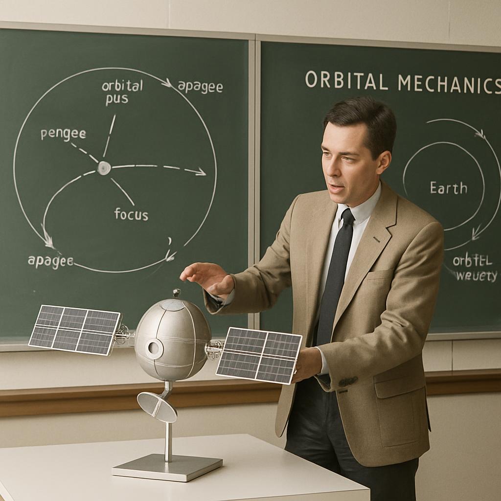 A man in a suit demonstrates orbital mechanics.