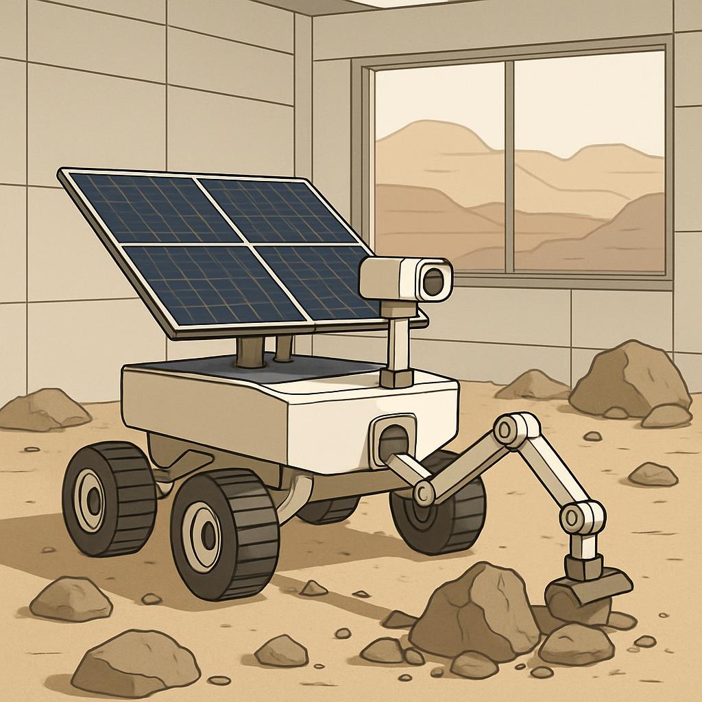 A cartoon rendering of a planetary robot explorer with solar panels situated in a Martian-like room. The robot has wheels ...