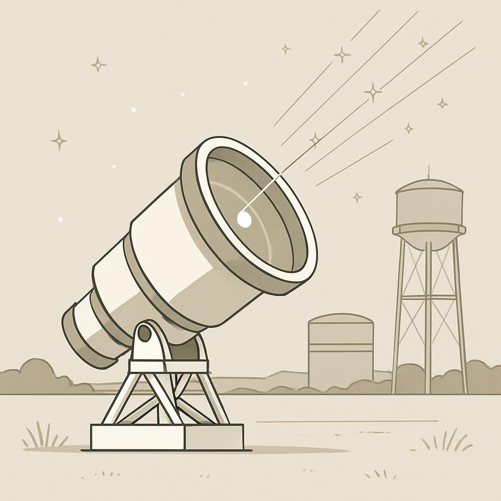 The illustration depicts an outdoor observatory with a telescope in the foreground, isolated from the rest of the image. T...